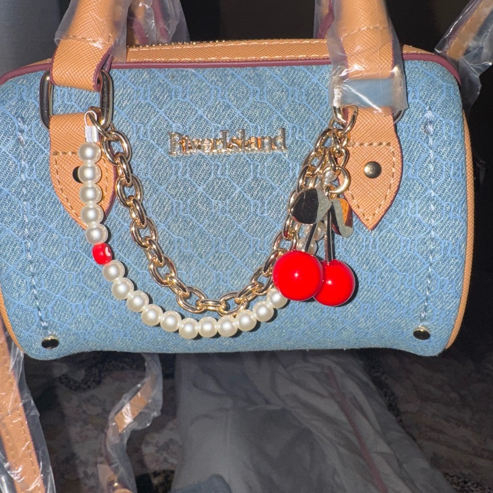 River Island Mini Bag Blue and Tan with Structured Design